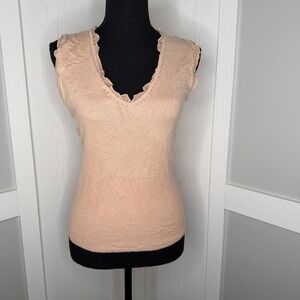 Apostrophe Knit Shell Top Womens Small Tan Ruffle V-Neck Beaded Sleeveless